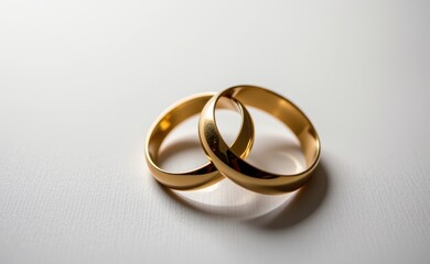 A close-up of two elegant gold wedding rings on a white surface, illuminated by soft natural light, symbolizing love, marriage, commitment, and eternity.