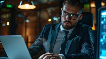 Businessman is working late in an office, illuminated by the laptop screen and focused on his task