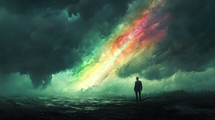 Man observing vibrant aurora borealis, stormy sky, hope