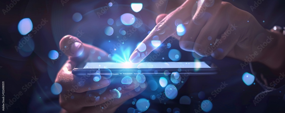 Poster Businessman using tablet computer with glowing digital bokeh lights effect overlay