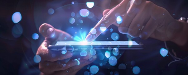 Businessman using tablet computer with glowing digital bokeh lights effect overlay