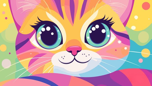 Colorful cartoon cat with a cheerful expression on a vibrant background for concept