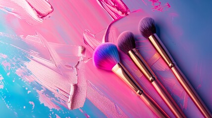 Three professional makeup brushes are lying on a vibrant blue and pink background with brush strokes
