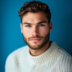 Fototapeta premium A close-up portrait of a man with a well-groomed beard, wearing a cozy white sweater. He stands against a smooth blue background, exuding calm and confidence.