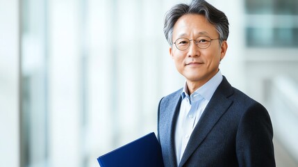 A confident professional man with gray hair and glasses stands in an office environment, holding a blue folder. He exudes positivity and determination, ready for new challenges.