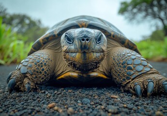 Close-Up of a Majestic Tortoise on a Path Surrounded by Lush Greenery with a Soft Focus Background and an Intense Expression on Its Face