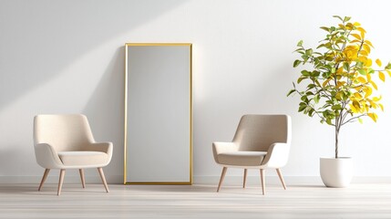 Minimalist living room with armchairs, mirror, plant