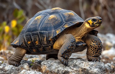 Obraz premium Close-Up of a Majestic Tortoise Walking Over Rocks in a Natural Habitat with Beautiful Details on Shell and Skin Captured in Vibrant Colors