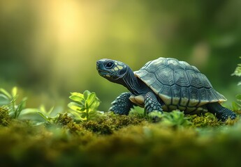 Close-Up of a Majestic Turtle Crawling Through Lush Greenery in a Serene Natural Environment, Highlighting Its Intricate Shell Patterns and Detail