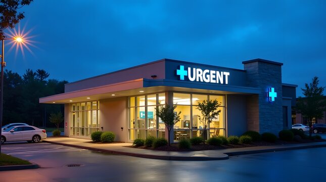 Urgent Care Facility Illuminated at Night Providing Emergency Medical Services for Community Health and Safety