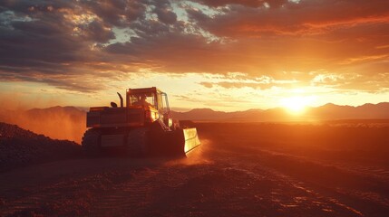 Fototapeta premium Tractor working at sunset in a field.
