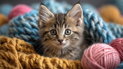 Naklejka premium There is a kitten that is sitting in a blanket with balls of yarn, animal background