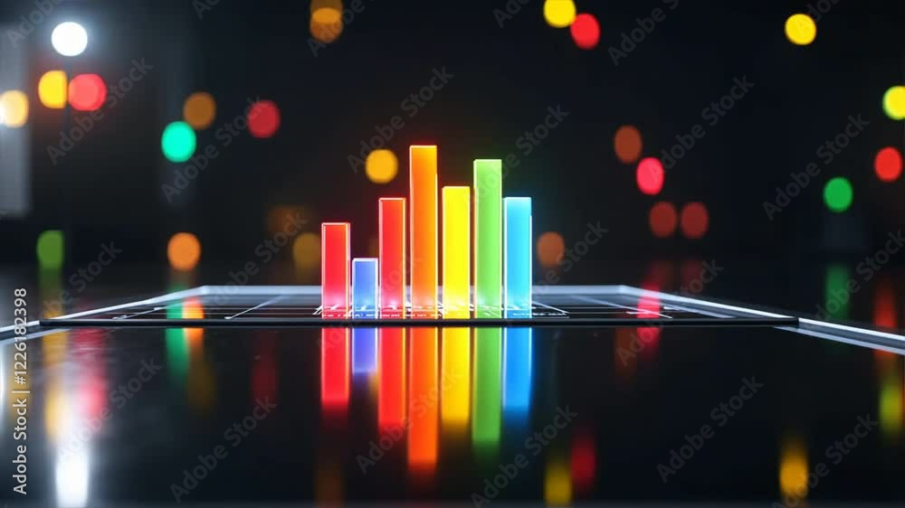 Poster colorful bar graph on digital display with bright neon lights in background, showcasing data visuali