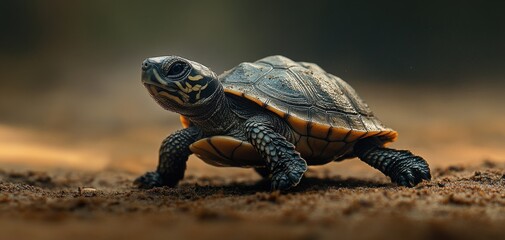 Fototapeta premium Close-up of a Resilient Turtle Walking on the Ground Surrounded by Natural Light and Textured Earth, Showcasing Its Intricate Shell Pattern and Detail
