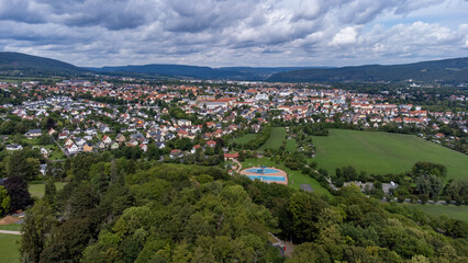 Aerial View of Scenic European Town Saalfeld Surrounded by Lush Greenery