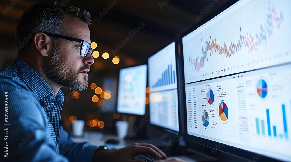 Aufkleber a focused businessman analyzes complex data on multiple screens, showcasing graphs and analytics. hi