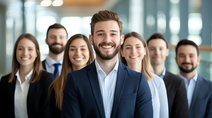 Fototapeta premium A diverse team of professionals showcasing teamwork and collaboration in a modern office setting, highlighting their enthusiasm and unity for achieving shared goals.