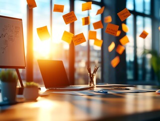 A dynamic workspace featuring a laptop, stationery, and colorful sticky notes floating in the air, beautifully lit by the warm glow of the setting sun through large windows.