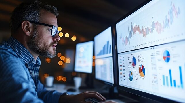 A focused businessman analyzes complex data on multiple screens, showcasing graphs and analytics. His determination reflects the modern approach to data-driven decision-making.