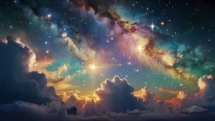 Fototapeta premium キラキラ七色に輝く天国のような雲と空