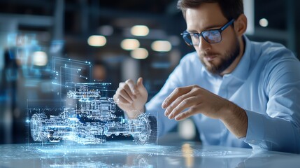 A focused engineer interacts with a holographic car model, showcasing advanced technology and innovation in automotive design, emphasizing the integration of digital tools in engin