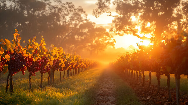 Golden Sunrise over a Vineyard with Red Grapes and Fog