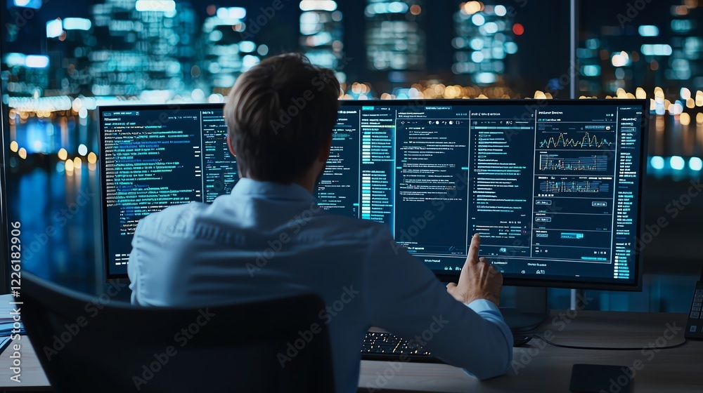 Poster a focused individual working late at night on dual monitors, analyzing complex data and coding in a 