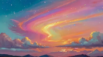 Fototapeta premium ゲーム背景 美しいカラフルなオーロラと地平線の山々がある風景