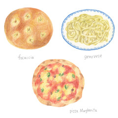 色鉛筆で描いたフォカッチャとマルゲリータピザとジェノベーゼパスタのイラストレーション
