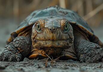 Fototapeta premium Close-Up of a Tortise Relaxing on a Sandy Surface with Beautiful Textures and Unique Eyes in Natural Habitat Capturing Serene Wildlife Moment