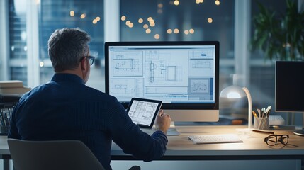 Fototapeta premium A focused professional analyzing architectural plans on a computer. The modern workspace features sleek design elements and ambient lighting, enhancing productivity and creativity.