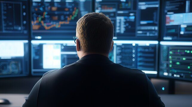 A focused professional analyzes data on multiple screens in a modern office environment, showcasing advanced technology and detailed graphics for effective decision-making.