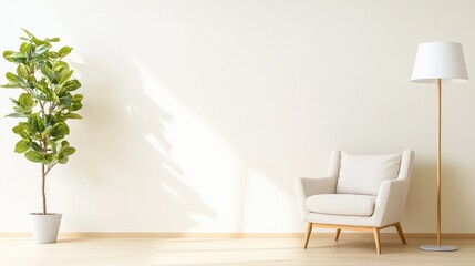 Minimalist living room interior with armchair, plant, and floor lamp