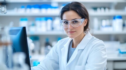 Fototapeta premium A focused scientist working in a modern laboratory, wearing protective goggles and a lab coat