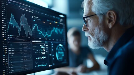 A focused senior analyst studying financial data on a modern computer screen, visualizing stock trends and market analytics, creating impactful business strategies.