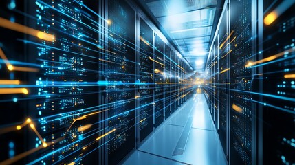 A futuristic data center hallway illuminated by bright blue and orange lights. This space is filled with advanced servers, reflecting the rapid pace of technological evolution.