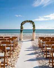 Fototapeta premium Wedding venue by the beach with chairs arranged in rows and an arch adorned with seashells