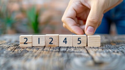 Hand is completing a sequence of numbers on wooden cubes, emphasizing concepts of order, logic, and problem-solving
