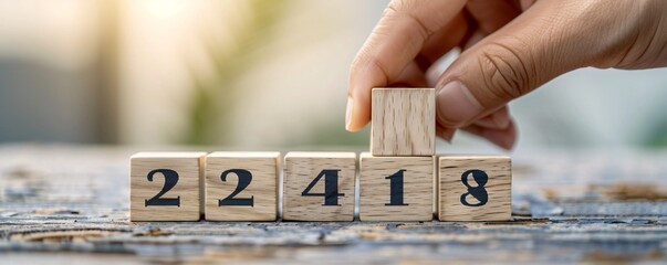 Businessman's hand flipping wooden cube blocks to transition from 2017 to 2018