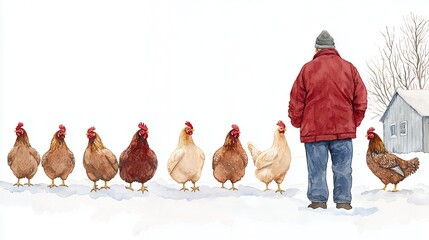 A solitary figure observing hens in a snowy winter landscape, a tranquil rural scene filled with a peaceful atmosphere