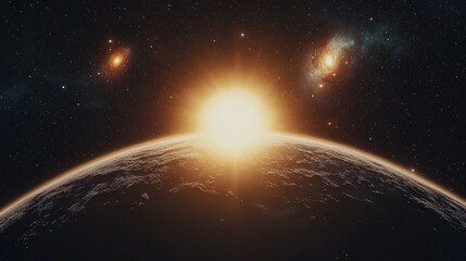 Obraz premium Sunrise over alien planet, nebulae backdrop, space exploration