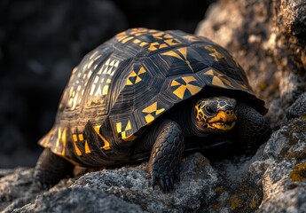 Obraz premium Close-up of a vibrant tortoise resting on rocks with unique shell patterns illuminated by golden sunlight in a natural outdoor setting