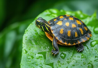 Obraz premium Close-up of a vibrant turtle resting on a leafy surface with water droplets highlighting its intricate shell patterns in a lush green environment