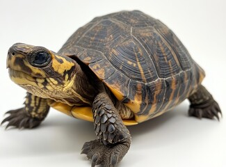 Obraz premium Close-up of a vibrant yellow and brown tortoise with intricate shell patterns, showcasing its striking features and textures in a minimalist white background