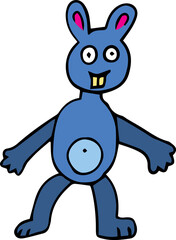 funny blue hare with yellow teeth with small ears and small belly stands on two legs with arms outstretched and looks at the camera