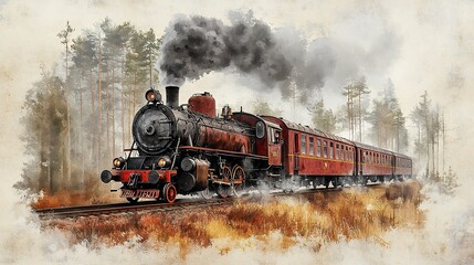 Nostalgic Journey: A Vintage Steam Train Through a Serene Pine Forest, Watercolor Painting