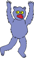 scared purple snowman with yellow eyes runs away with his hands up, mouth open and looking away