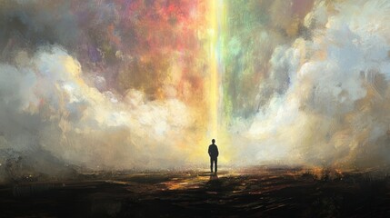 Man facing colorful cosmic beam, cloudscape background, hope concept