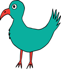 green bird with curved red beak and red feet side view