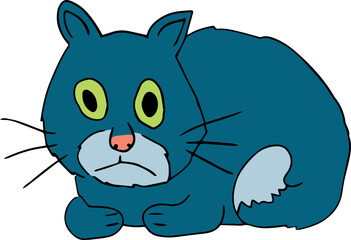 old dark blue cat with green eyes sits in the shape of a loaf, looking tired and sad at the camera